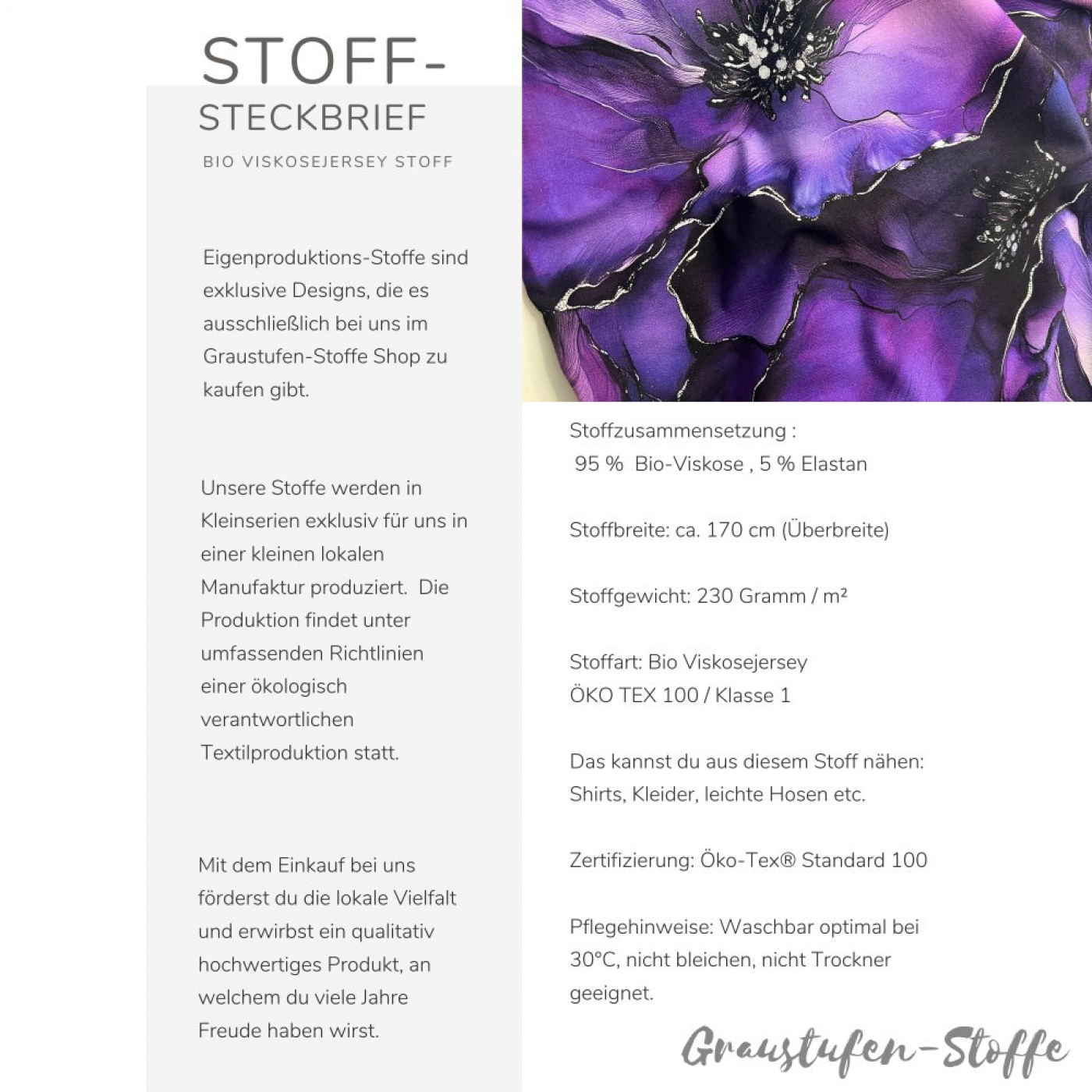 Reststück 120 cm, Bio Viskosejersey mit Überbreite (Stoffbreite ca. 170 cm): Eigenproduktion Purpel Love von Graustufen-Stoffe